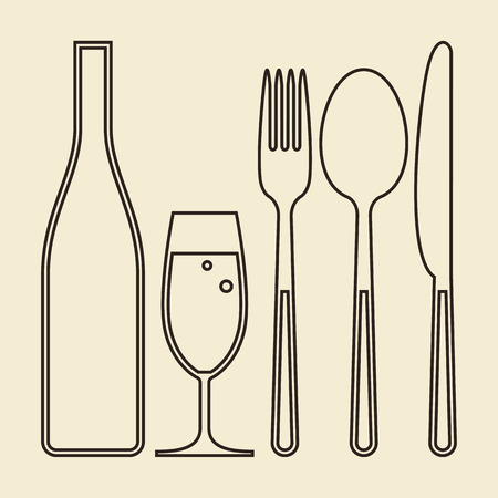 Bottle, glass of champagne, fork, knife and spoon on light backgroundのイラスト素材