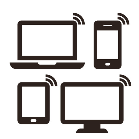 Laptop, mobile phone, tablet, monitor and wireless network icon set isolated on white backgroundのイラスト素材