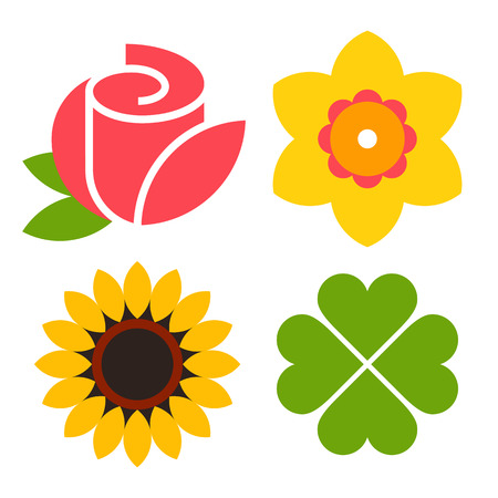 Flower icon set - rose, narcissus, sunflower and clover isolated on white backgroundのイラスト素材