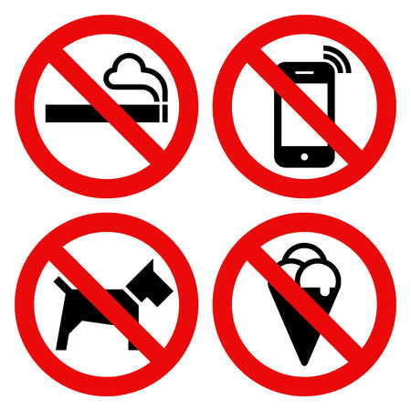 No smoking, No cell phone, No dogs and No eating prohibited signs isolated on white backgroundのイラスト素材