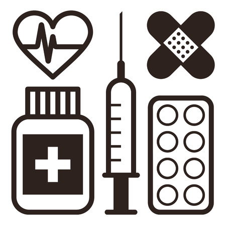 ?edical icons. Plaster, ECG, Syringe, Ampoule, Medicine, Pills isolated on white backgroundのイラスト素材