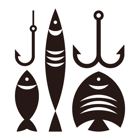 Fishing hooks and fishes. Fishing symbol isolated on white backgroundのイラスト素材