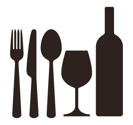Bottle, wineglass, knife, fork and spoon isolated on white backgroundのイラスト素材