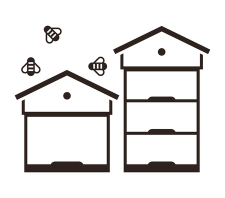 Illustration of beehives and bees in black and whiteのイラスト素材