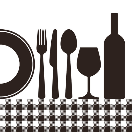 Bottle, wineglass, plate, knife, fork, spoon and tablecloth pattern isolated on white backgroundのイラスト素材