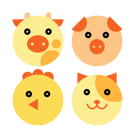 Farm Animal Set. Cow, Pig, Chicken and Cat Cartoon Animal Head のイラスト素材