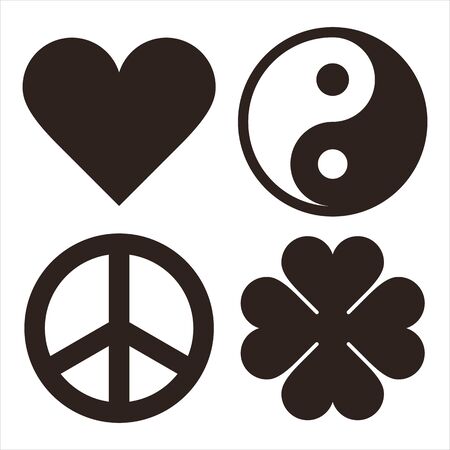 Heart, Yin Yang, Peace Symbol and Clover Symols isolated on white backgroundのイラスト素材
