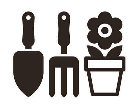 Gardening tools and flower pot icon isolated on white backgroundのイラスト素材