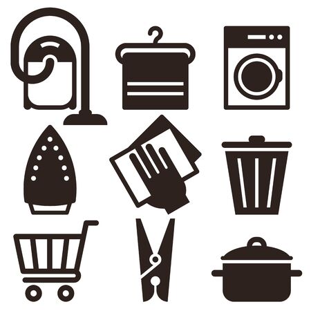 Vacuum Cleaner, Hanger, Washing Machine, Iron, Wipe Dust, Trash Bin, Shopping Cart, Clothes Peg,  Kitchen Pot Icon Set isolated on white backgroundのイラスト素材