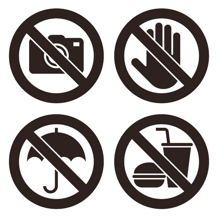 No camera, Do not touch, Umbrella not allowed, No food and drink sign. Prohibited signs isolated on white backgroundのイラスト素材