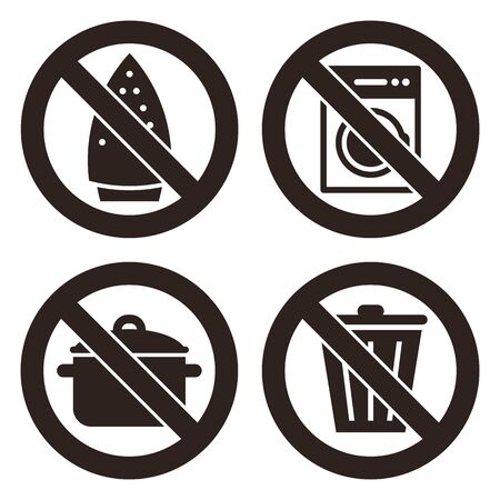 Ironing is not allowed, no washing machine, no cooking and don`t throw trash sign isolated on white backgroundのイラスト素材