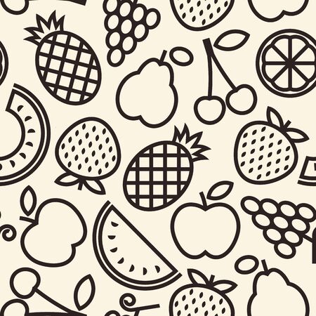 Fruits pattern. Seamless background with pineapple, grapes, apple, pear, cherry, quince, strawberry, melon, lemon and watermelonのイラスト素材