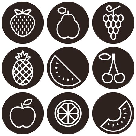 Fruits icon set - grapes, apple, pear, cherry, quince, strawberry, melon, lemon and watermelon isolated on white backgroundのイラスト素材