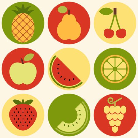 Fruits icon set - grapes, apple, pear, cherry, quince, strawberry, melon, lemon and watermelon isolated on white backgroundのイラスト素材