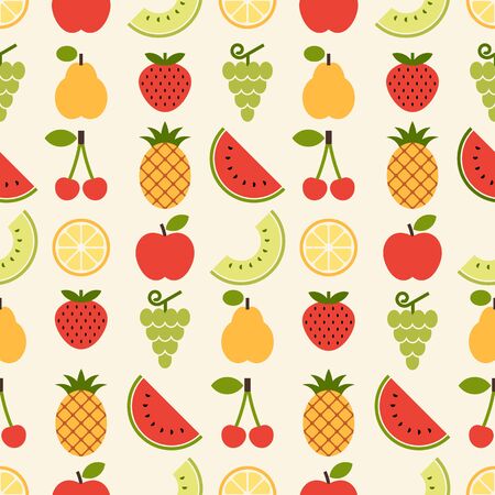 Fruits pattern. Seamless background with pineapple, grapes, apple, pear, cherry, quince, strawberry, melon, lemon and watermelonのイラスト素材
