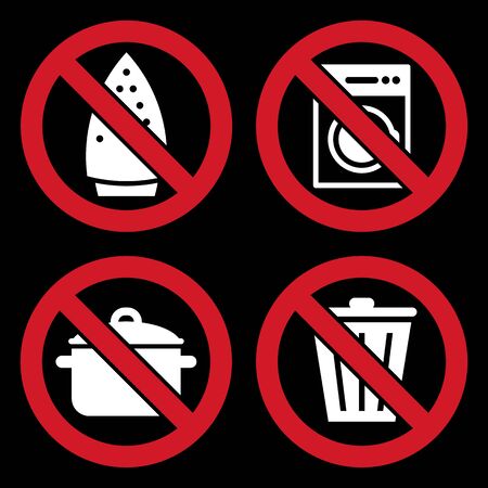 Ironing is not allowed, no washing machine, no cooking and don`t throw trash sign on blackのイラスト素材