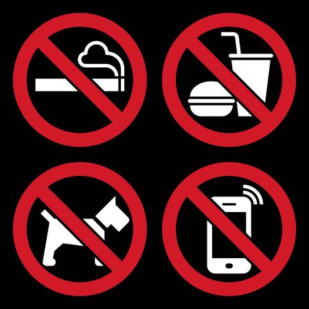 No smoking, No food or drink, No dogs and No cell phone prohibited signs on blackのイラスト素材
