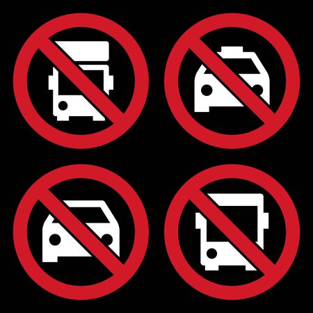 No lorry parking sign, No taxi parking, No car or no parking sign and No bus parking. Prohibited signs on blackのイラスト素材