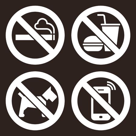 No smoking, No food or drink, No dogs and No cell phone prohibited signs on darkのイラスト素材