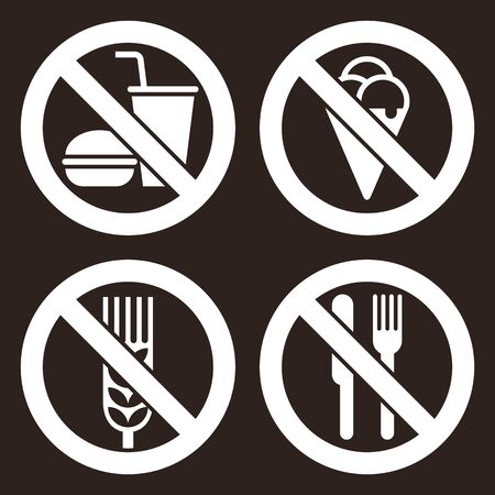 No food and drink, No ice cream, Gluten free and No eating allowed. Prohibited signs on dark background のイラスト素材