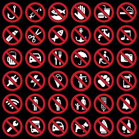 Set of prohibited sign on black backgroundのイラスト素材