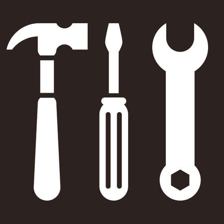 Hammer, screwdriver and wrench. Tools icon on dark backgroundのイラスト素材