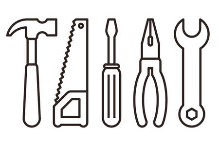 Hammer, saw, screwdriver, pliers and wrench. Tools icon set on dark backgroundのイラスト素材