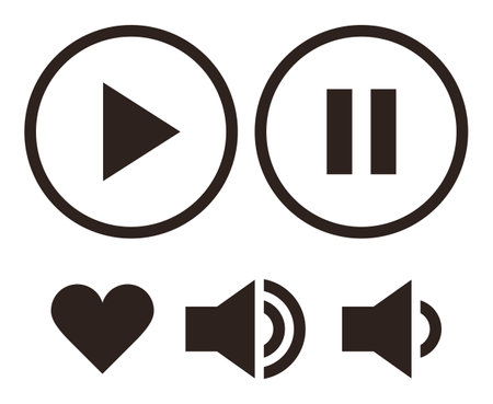 Play, pause, sound and heart icon. Player icons set isolated on white backgroundのイラスト素材