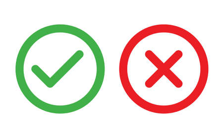 Check and Cancel button. Yes and No symbol. Accepted and Rejected, Approved and Disapproved Web Button isolated on white backgroundのイラスト素材