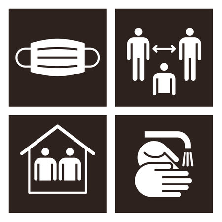 safety measures. Protective mask, social distance, stay home and wash hands sign setのイラスト素材