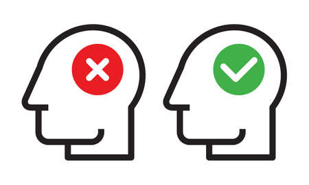 Human head with check and cancel button. yes and no symbol. Concept of accepted and rejected, approved and disapproved peopleのイラスト素材