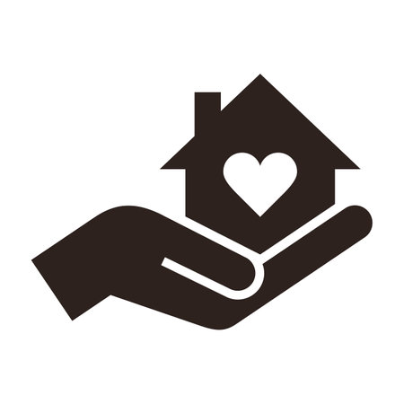 House with heart, caring hand vector sign. Home care logo isolated on white backgroundのイラスト素材