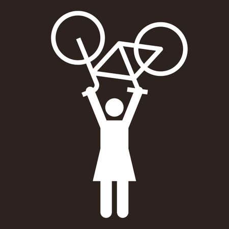Woman lifting bicycle. Womanpower symbol. Cycling winner icon on dark backgroundのイラスト素材