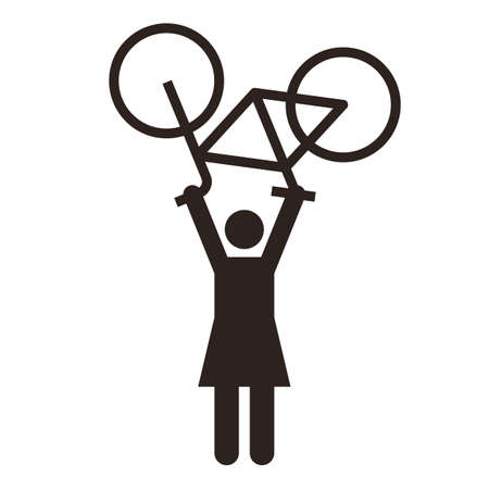 Woman lifting bicycle. Womanpower symbol. Cycling winner icon isolated on white backgroundのイラスト素材