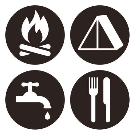 Capmfire sign, tent sign, drinking water sign and restaurant sign camping area icon set, camp icon set isolated on white backgroundのイラスト素材