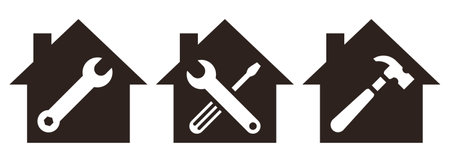Repair Service, Flower House, House icon and Key Service Icon isolated on white backgroundのイラスト素材