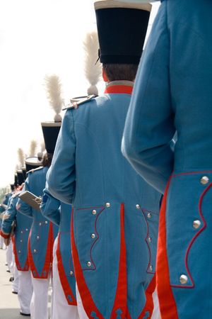 Marching military band in traditional uniform