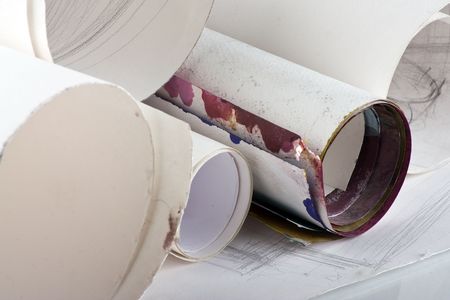 Paper tubes with drawings and sketchesの写真素材
