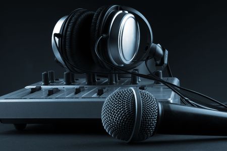 Microphone with mixer and headphones - music studio setの写真素材