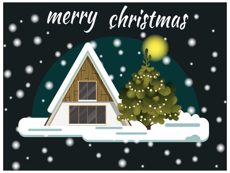 Merry Christmas and Happy New Year card with night rural scene and winter houseのイラスト素材