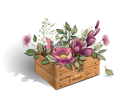 Wooden box with a bouquet of beautiful flowers. isolated on white background. vector illustrationのイラスト素材