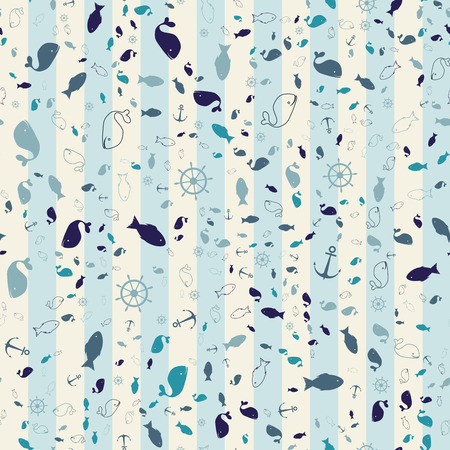 Blue and white seamless texture. Vector illustration. marine motifs scattered randomly. Piscesのイラスト素材