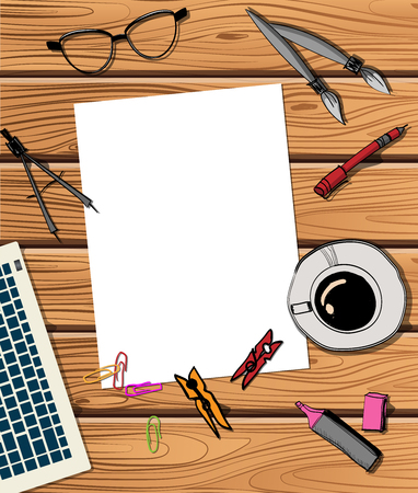 Workspace with laptop, notebook, sketchbook, white paper, pens, compass, brushes, paper clips, stationery. Flat position, top view office table Desk. Freelancer's workplaceのイラスト素材