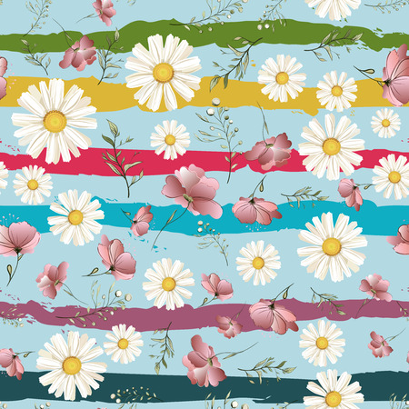 Vector seamless pattern with the chamomiles on a pink background in vintage style for textileのイラスト素材
