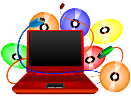 Portable computer with laser disks and cables USB in a vectorのイラスト素材