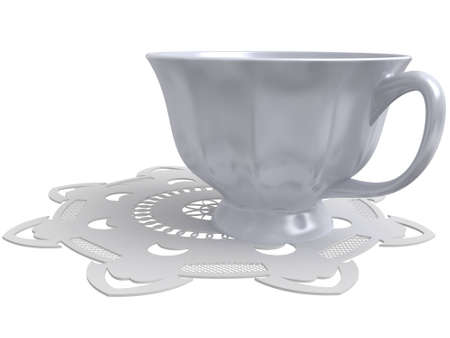 Laying - a cup for tea on a white lacy napkinの写真素材