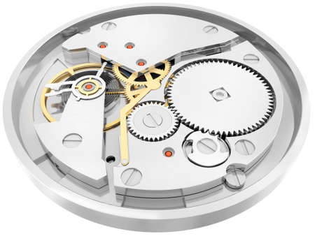 The mechanism of hours with gears and springs isolated on a white background