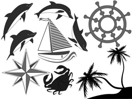 Black-and-white sea symbols - dolphins, a steering wheel, a yachtのイラスト素材