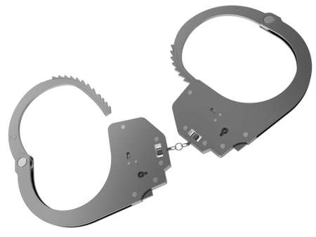 Steel police handcuffs for detention of the criminal isolated on a white backgroundの写真素材