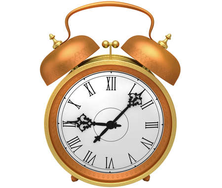 Antiquarian bronze alarm clock with a hand bell isolated on a white backgroundの写真素材